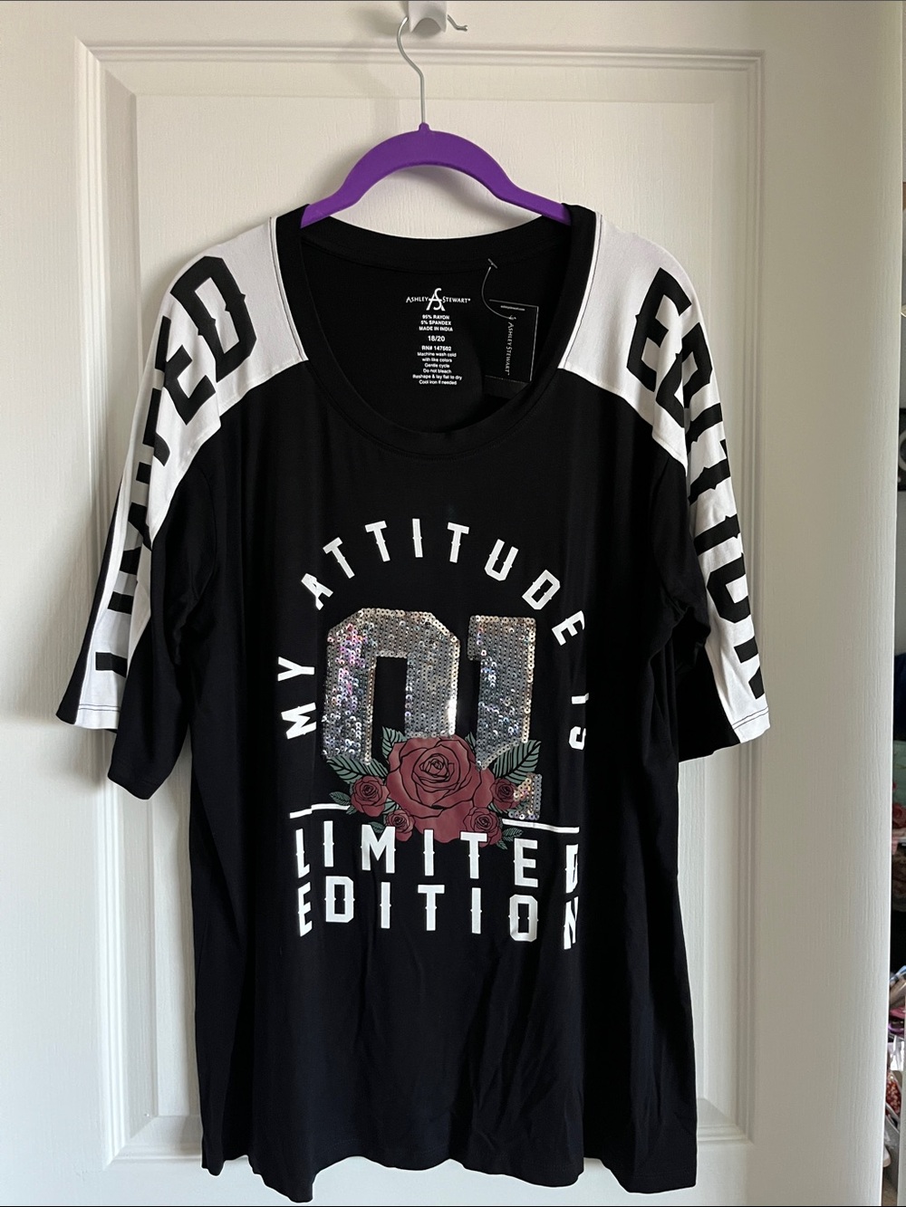 Ashley Stewart Black Short-Sleeve Tee with Rose Sequin '01' Graphic🪻